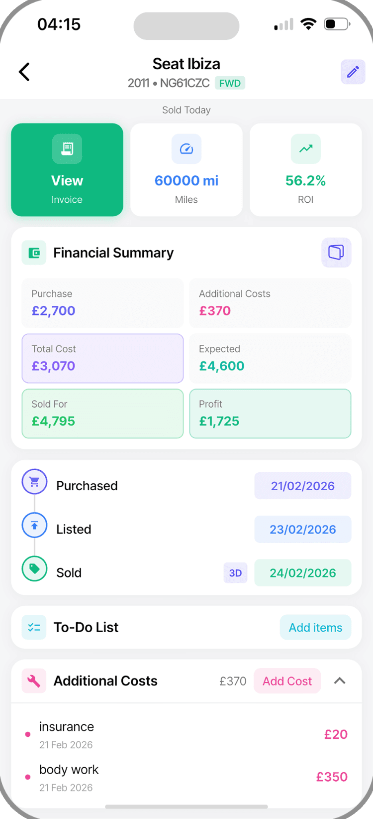 Cinvo car page showing purchase price, costs, sold price and profit