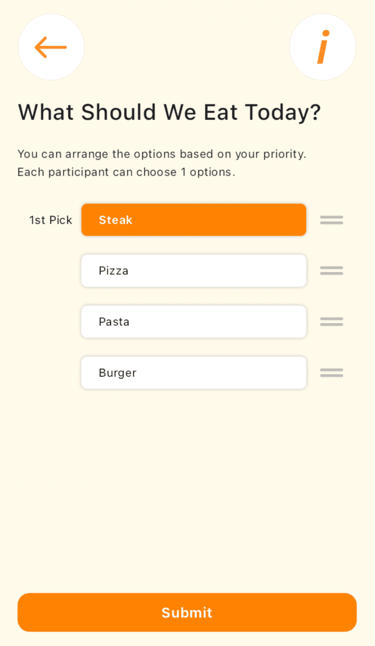 Rankly screen where a person puts food options in their order of preference