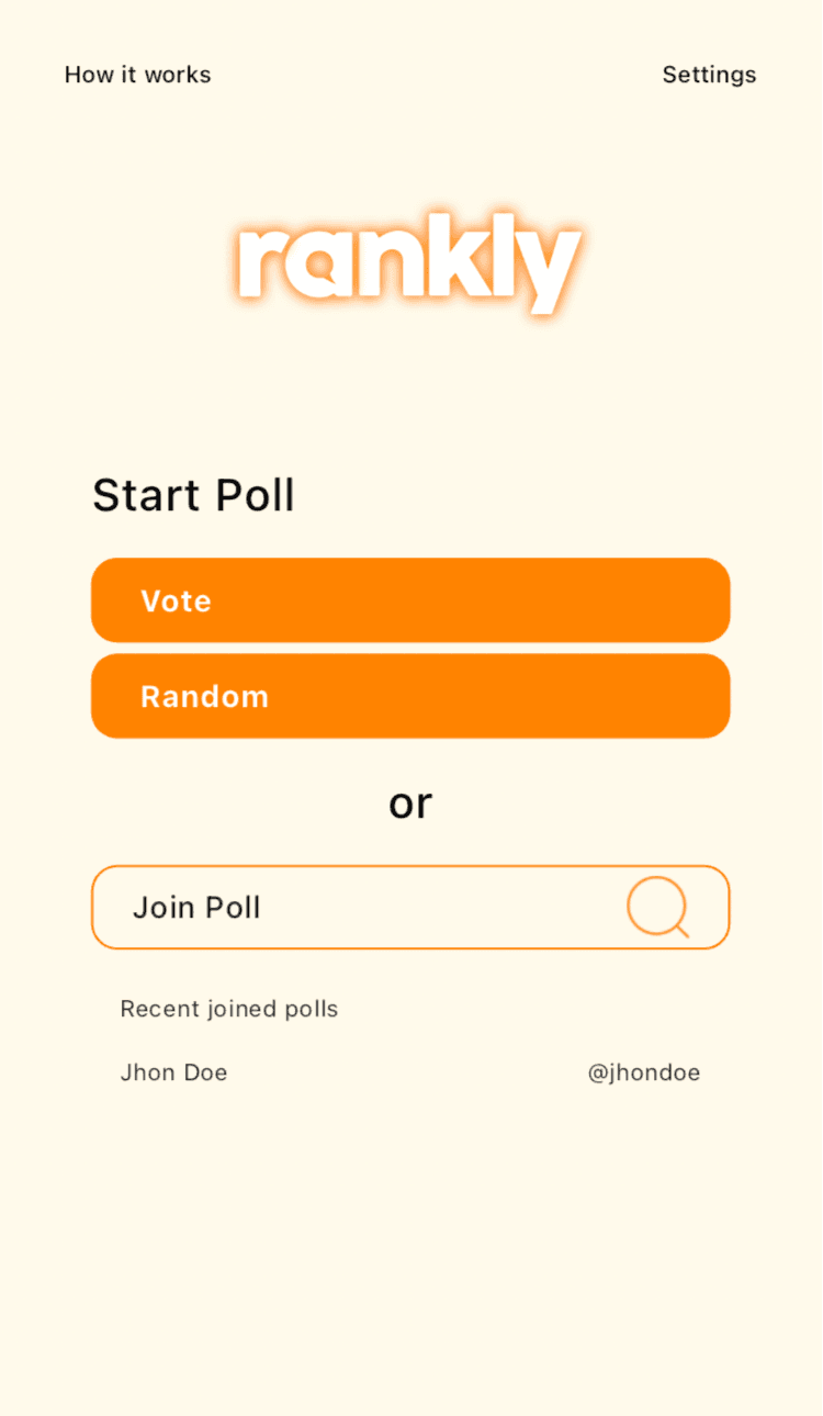 Rankly home screen with buttons to start a vote, start a random pick or join a poll