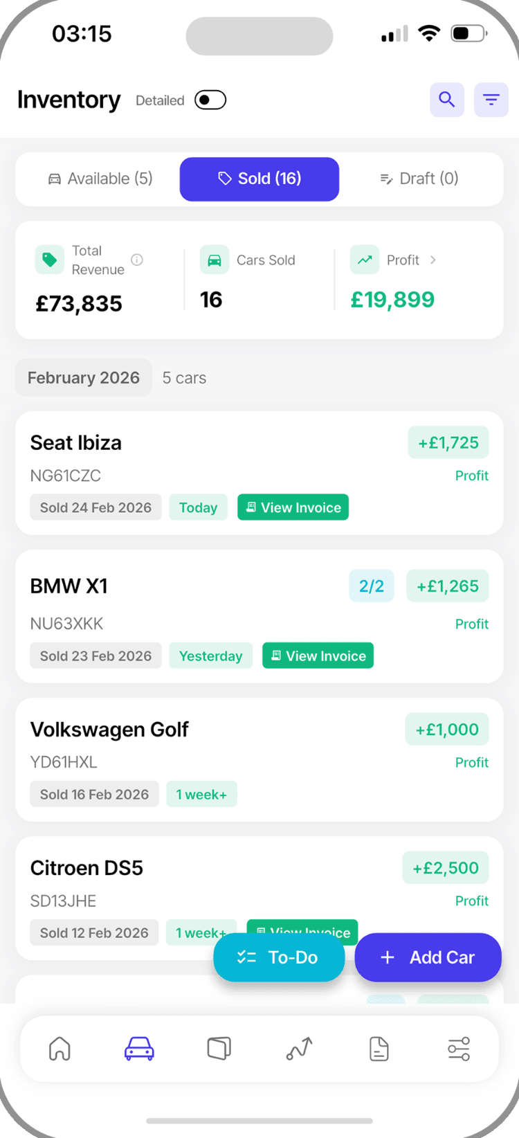 Cinvo Inventory screen listing sold cars with total revenue and profit