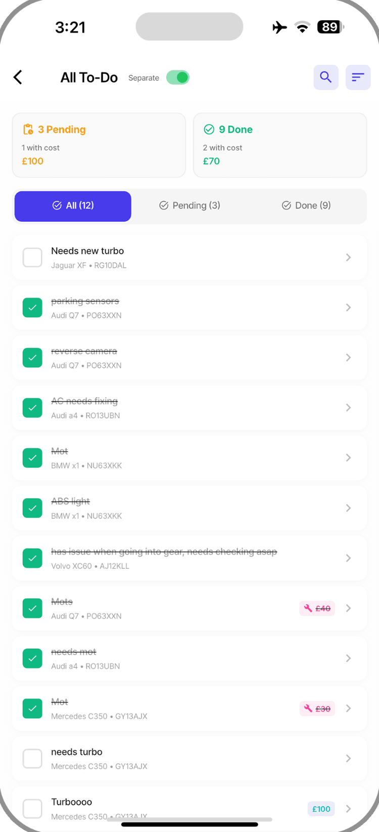 Cinvo All To-Do screen listing tasks for each car