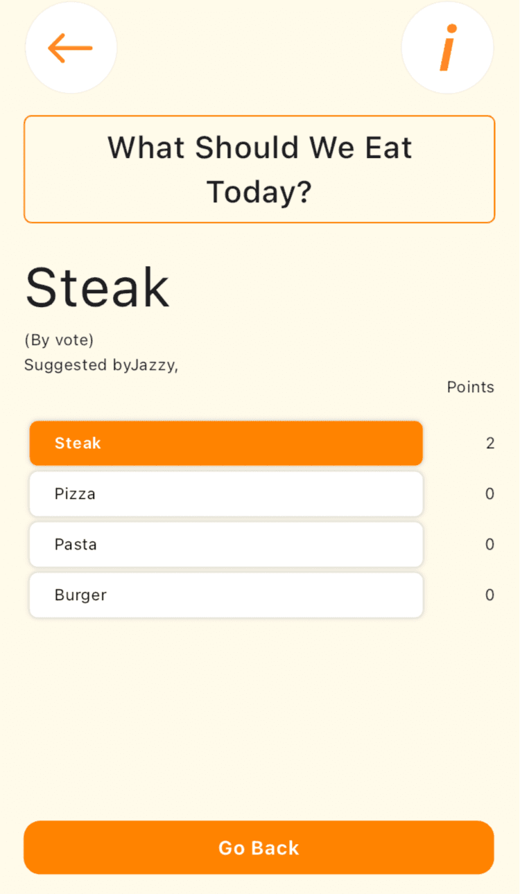 Rankly results screen showing the winning choice and points for each option